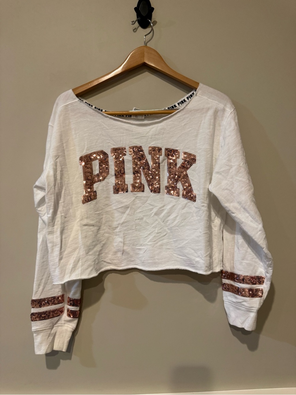 PINK Victoria's Secret White Cropped Sweatshirt with Rose Gold Sequin Logo